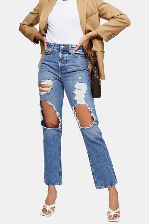 Womens Mid Blue Ripped Dad Jeans - Mid Stone, Mid Stone