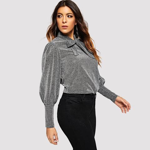 Camicie Nodo Al Collo Colore Unico Argento Look Elegante