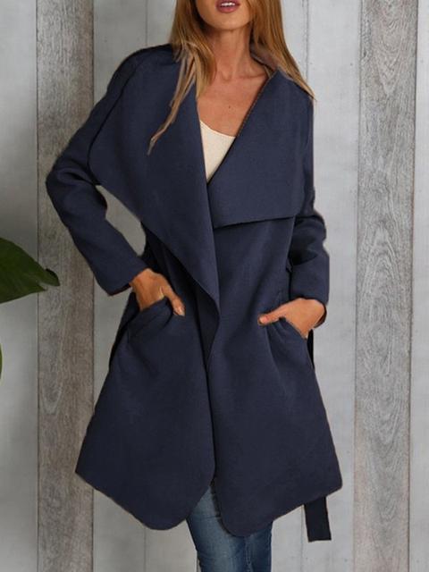 Cappotto Tinta Unita Cintura Con Tasche Collo Alla Rovescia Uscire Casual Blu