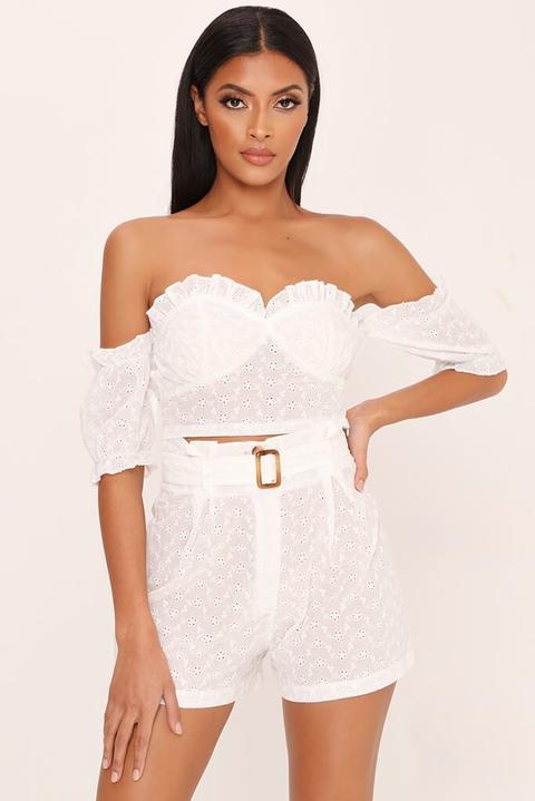 White Broderie Anglaise Off The Shoulder Puff Sleeve Crop Top