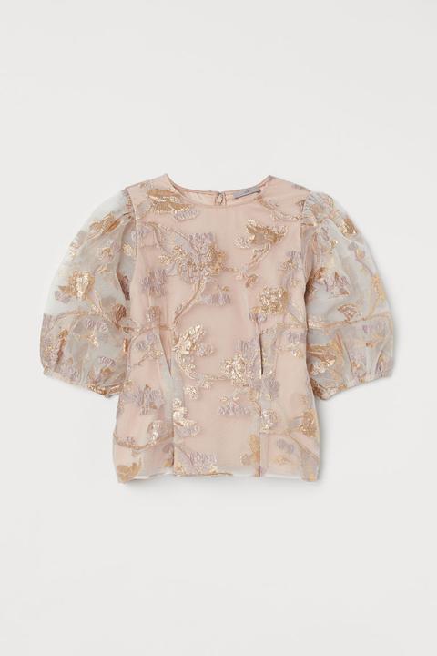 Top Brocado Con Manga Puffy - Rosa