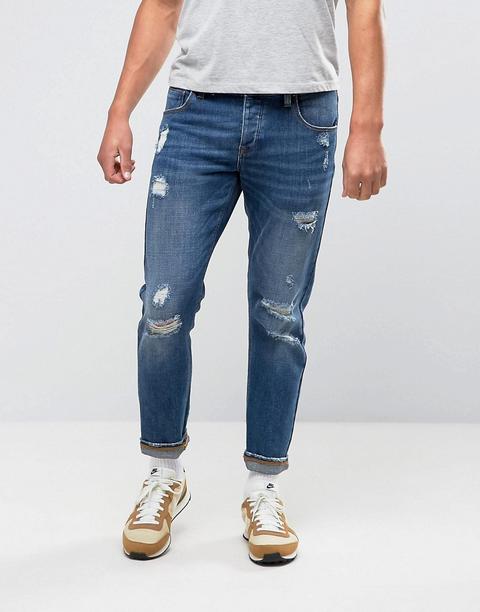 Asos - Jeans Slim Elasticizzati Lavaggio Blu Medio Slavato Con Strappi - Blu