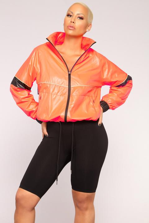 windbreaker and biker shorts