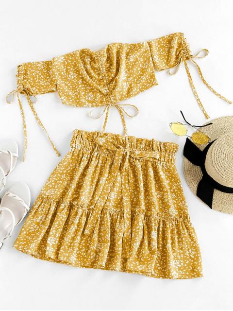 Zaful Set De Falda De Hombro Descubierto Con Estampado De Flor Sea Blue Goldenrod