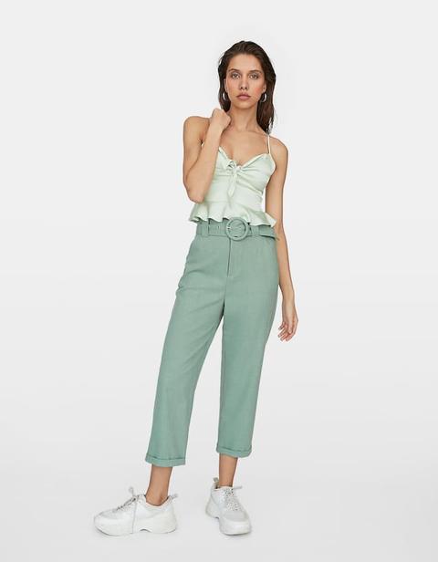 Pantaloni Dritti Stile Rustico Verde Pastello