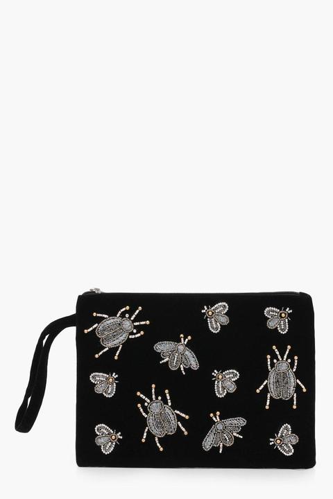 Eva Bug Embellished Velvet Clutch Bag