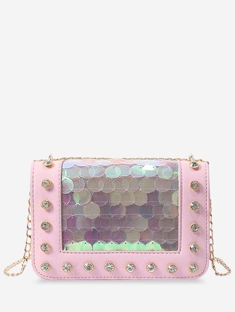 Borsa A Spalla Con Catena E Pailette E Cristallo Silver Black Light Pink