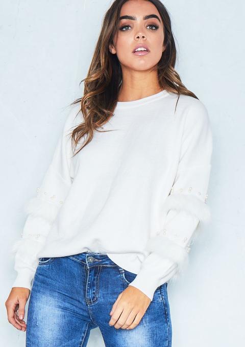 Veronica Cream Wool Knit Faux Fur Sleeve Jumper