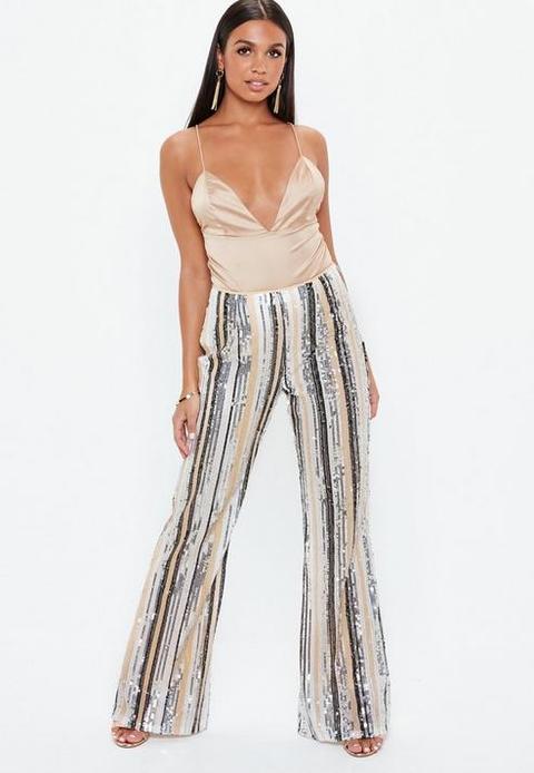 Petite Nude Stripe Sequin Trousers 