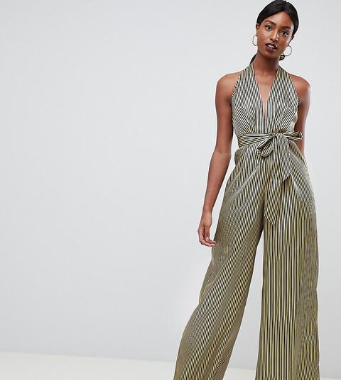 Mono Largo De Satén Con Cuello Halter Y Estampado De Rayas Metalizadas De Asos Design Tall-multicolor
