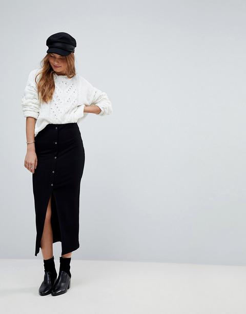 Asos Design - Gonna Midi A Coste Con Bottoni A Pressione - Nero