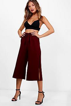 Side Split Tie Waist Woven Crepe Culottes