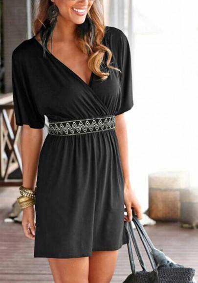 Mini Vestido Llano Plisado Escote De Plomo Casuales Negro