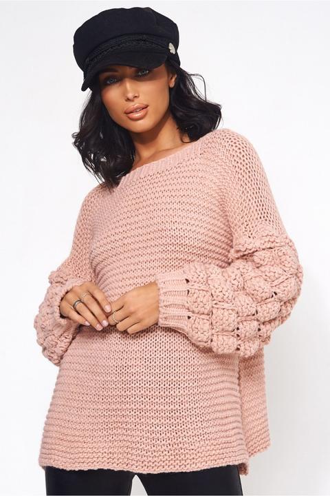 Nude Pink Chunky Knit Pom Sleeve Jumper