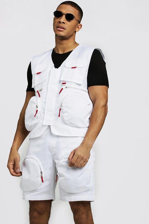 Mens White Utility Vest With Zip Details, White