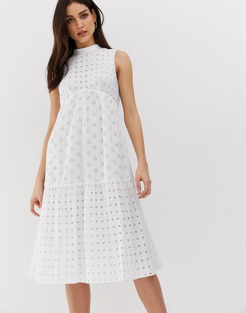 Asos Design Premium - Vestito Svasato Midi Accollato In Pizzo A Strati - Bianco