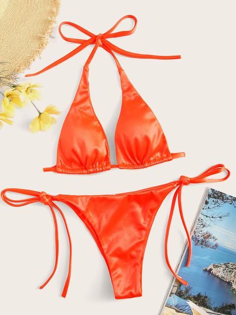 Set Bikini Top Halter Metallizzata Con Nodo Laterale