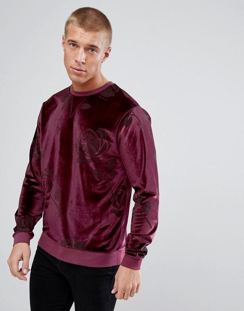 Asos - Felpa In Velour Con Stampa A Rose - Rosso