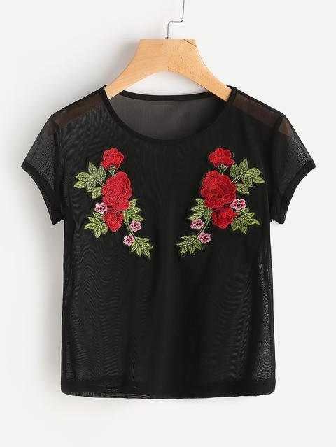 Rose Embroidered Applique Tee