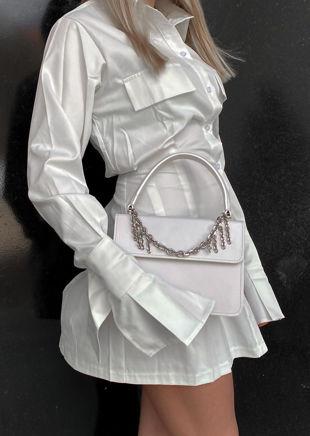 Button Down Bell Sleeve Cinched Waist Mini Shirt Dress White