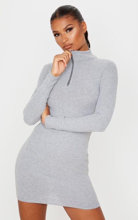 Grey Brushed Rib Long Sleeve Zip Front Bodycon Dress