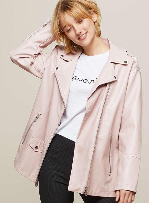 Pink Oversized Washed Biker Jacket