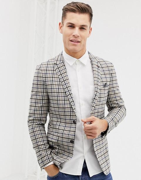 Burton Menswear Regular Fit Wool Blazer In Camel Check - Cream