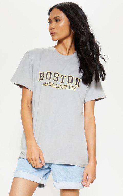 Dove Grey Boston Slogan Oversized T Shirt