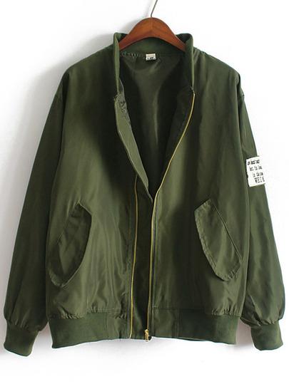 Chaqueta Cuello Mao Bolsillos Suelta Verde