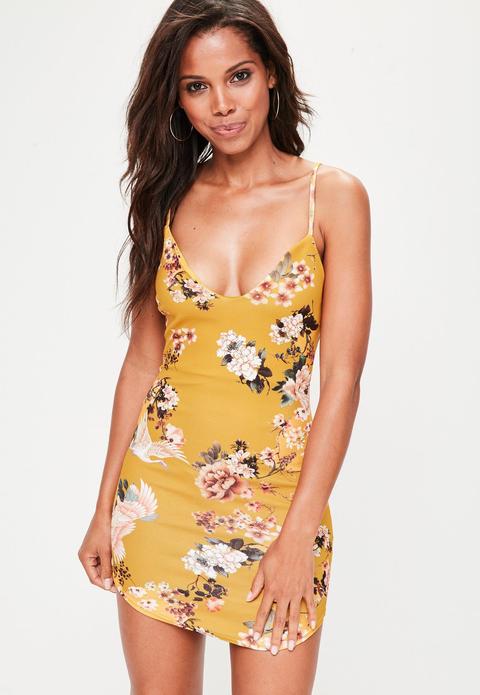 Yellow Floral Print Plunge Dress, Yellow