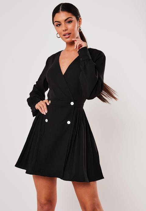 Robe Patineuse Noire Plissée Double Boutonnage