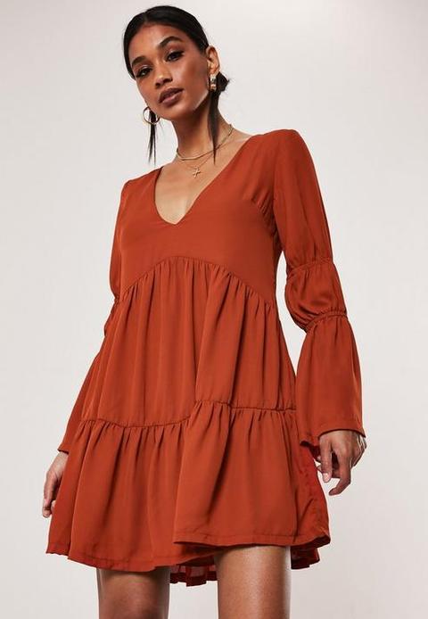 Rust Tiered Smock Dress, Rust Orange