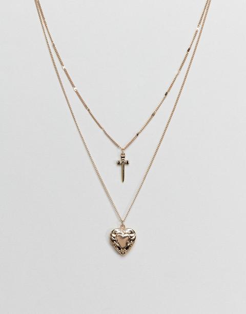 Asos Design - Collana Multifilo Con Pugnale E Lucchetto A Cuore Stile Vintage - Oro