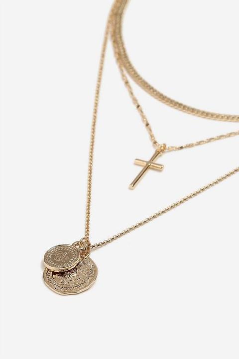 Womens **coin And Cross Layered Necklace - Gold, Gold