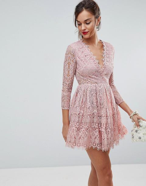 Asos - Vestitino Da Cerimonia In Pizzo Con Maniche Lunghe - Rosa