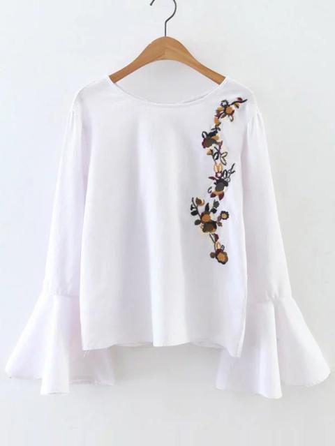 Blusa De Manga Acampanada Con Bordado Floral - Blanco