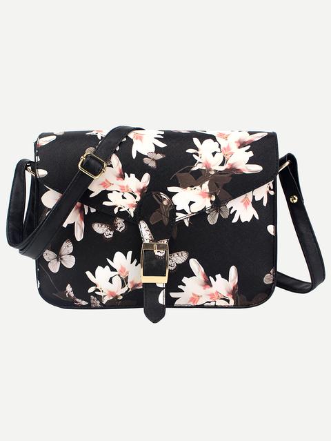 Black Flower Print Buckle Strap Flap Bag