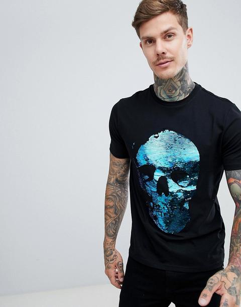Camiseta Negra Con Calavera De Lentejuelas De River Island