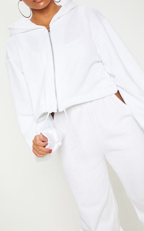 White Zip Front Drawstring Hoodie