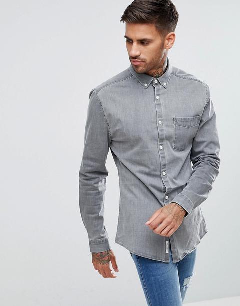 River Island - Camicia Di Jeans Aderente Grigia - Grigio