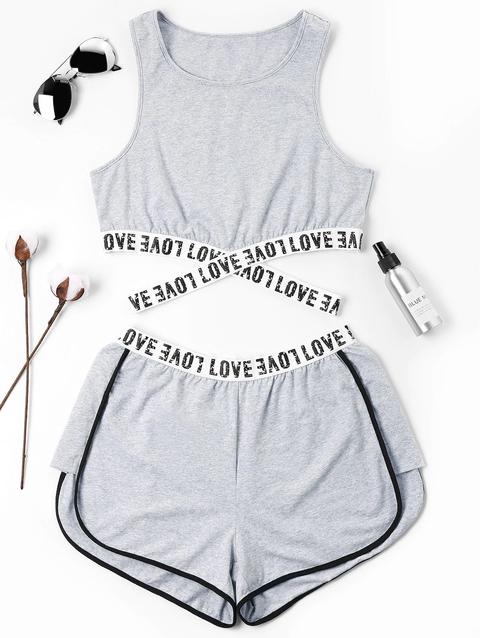 Top E Pantaloncini Incrociati Con Stampa Lettere Gray