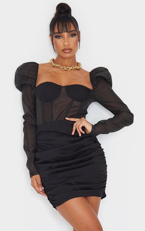 Black Matte Satin Puff Shoulder Underwired Bodycon Dress