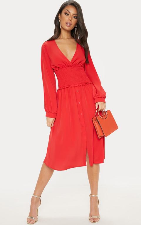 Red V Neck Shirred Panel Midi Dress
