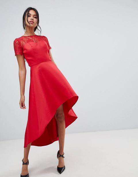 Vestido Midi Rojo Con Bajo Asimétrico Y Mangas De Encaje De Chi Chi London