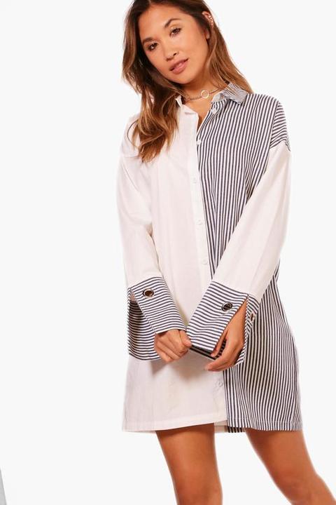 Stripe Mix Eyelet Cuff Shirt Dress