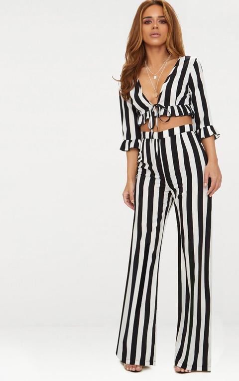 Petite Black Monochrome Stripe Wide Leg Trousers, Black