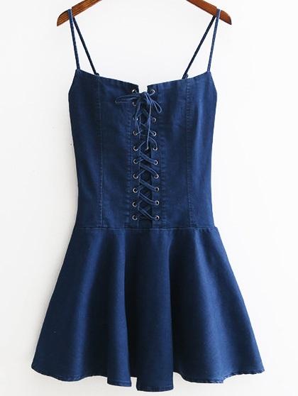 Occhiello Lace Up Front Cerniera Laterale Vestito Dal Denim Cami