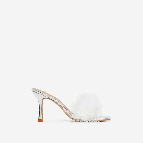 Fairydust Faux Feather Peep Toe Kitten Heel Mule In Silver Patent, Silver