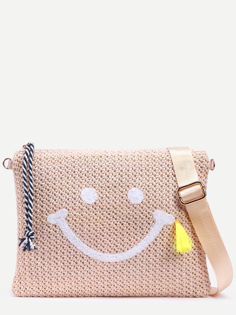 Bolso Cara Sonriente Bordada Paja Bandolera Beige