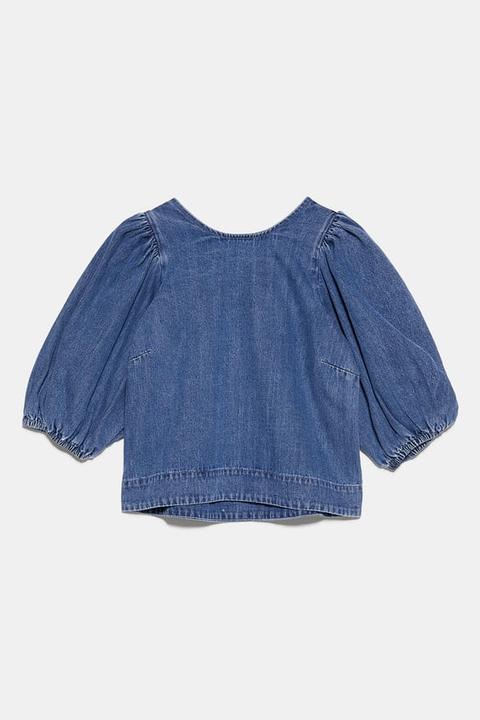 Blusa Denim Manga Abullonada